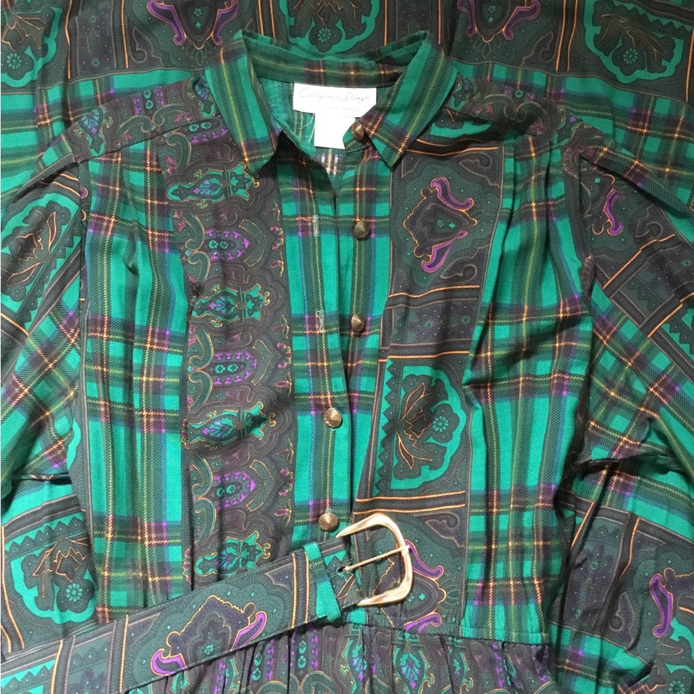Vintage California Design Plaid tartan Button-Front Dress with Belt